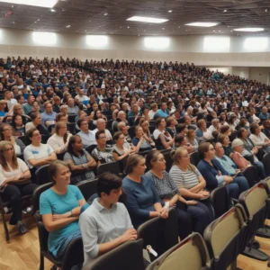 Imagem produzida por inteligência artificial, mostrando auditório com cadeiras e centenas de profissionais sentados assistindo a alguma apresentação numa empresa