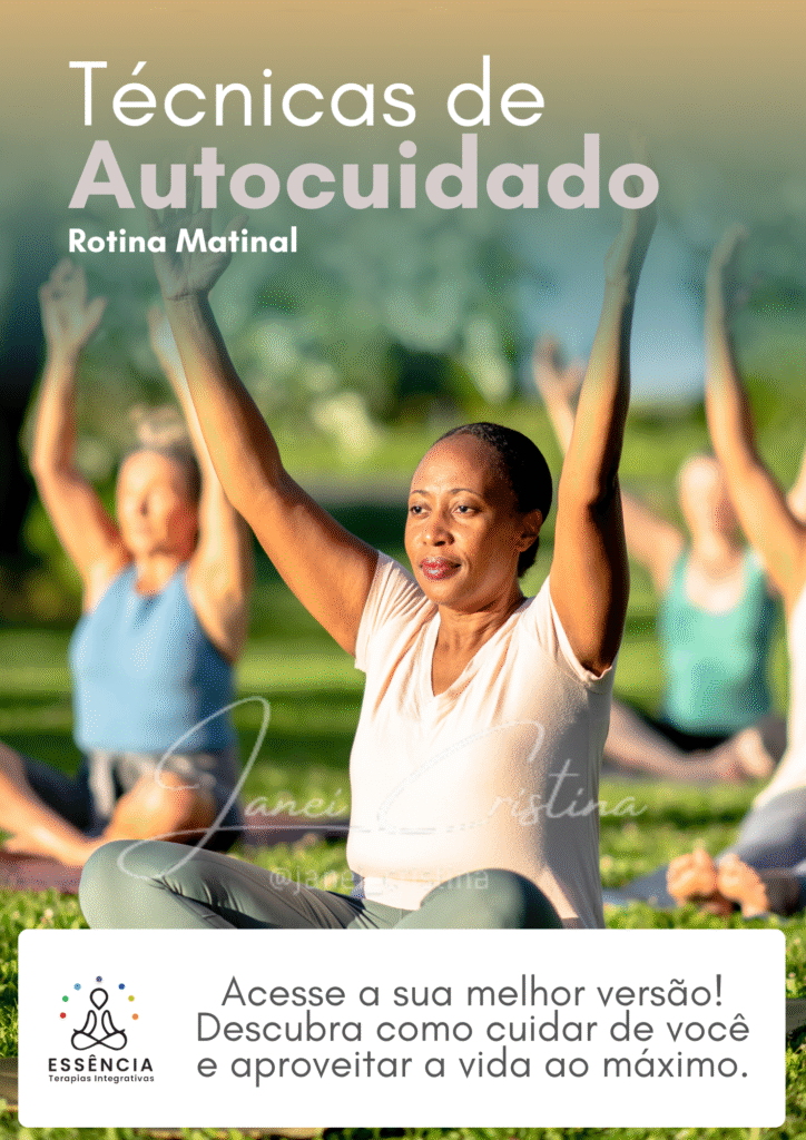 Imagem ilustrativa da capa do e-book de autoria de Janei Cristina, mostrando uma turma de mulheres sentadas na grama, com as pernas cruzadas e braços estendidos para cima, em posição de Yoga, numa manhã ensolarada e agradável
