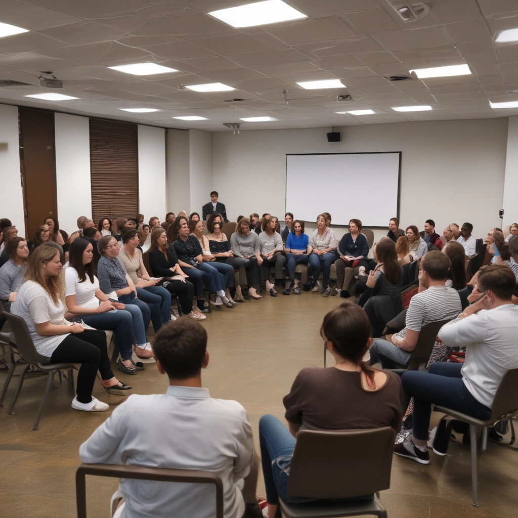 Imagem produzida por inteligência artificial mostrando uma sala de treinamento numa empresa, com várias pessoas sentadas em cadeiras dispostas em formato de roda onde está sendo conduzida alguma técnica em grupo. a sala não possui janelas e há uma tela branca grande na parede de fundo