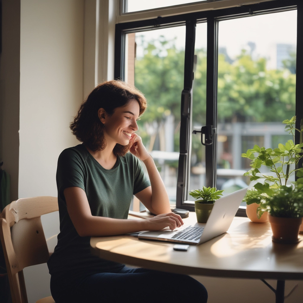 imagem produzida por inteligência artificial que mostra uma jovem de 25 a 30 anos sorridente, pele clara, cabelos curtos e levemente ondulados, vestindo uma camiseta de manga curta na cor verde musgo, calça jeans azul escura, sentada em cadeira com a mão esquerda apoiando a face e a mão direita sobre o teclado de um laptop localizado sobre uma mesa de madeira redonda, com algumas plantas, em um ambiente acolhedor, co uma porta de vidro e muita luz natural, representando um momento de interação online por videoconferência ao vivo