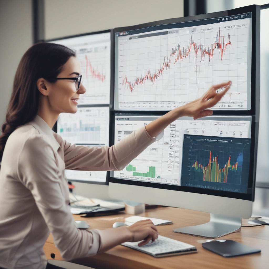 Imagem produzida por inteligência artificial mostrando uma executiva magra, usando óculos, cabelos compridos ondulados, vestindo uma camisa polo de manga comprida e tons terrosos claros. Ela está sentada em frente a uma mesa de madeira com vários monitores grandes mostrando gráficos