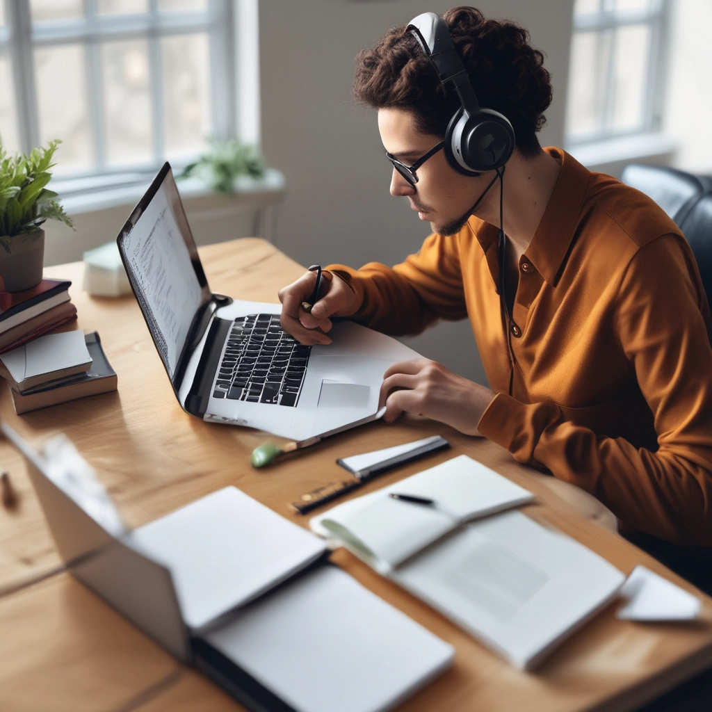 imagem produzida por inteligência artificial que mostra um jovem de 20 a 25 anos, pele morena, cabelos encaracolados, vestindo uma camiseta de manga comprida na cor terracota, óculos e fones de ouvido, sentado em frente a uma mesa de madeira, com vários livros, cadernos, agendas e caneta e um laptop representando um momento de aprendizado online